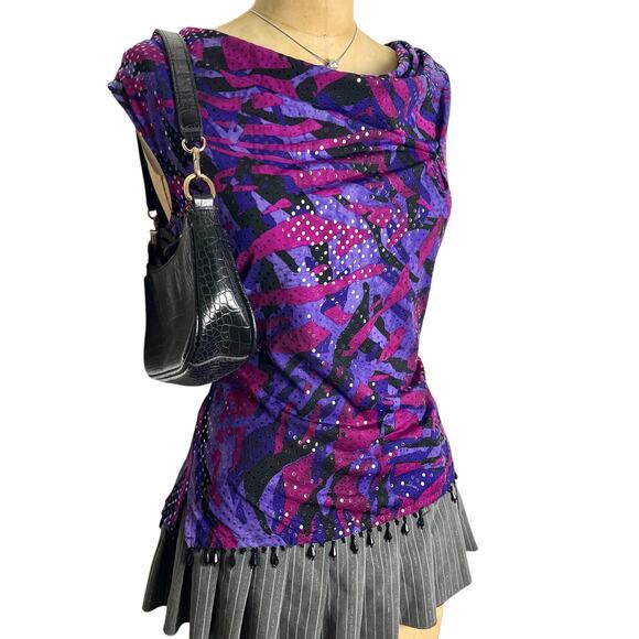msk Tops - MSK Purple Pink Sequin Retro Top Beaded Tassels Size M